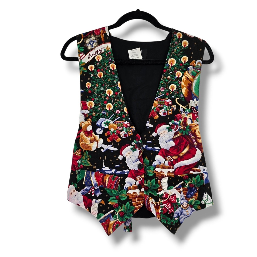 JLN USA Vintage Christmas Vest Womens Black Santa Tree Holiday Size Medium